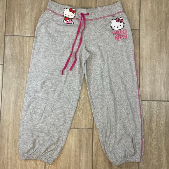 Hello Kitty Gray Cotton Sleep Jogger Pants L | Sanrio Cartoon Lounge Pajamas NWT - Picture 1 of 12